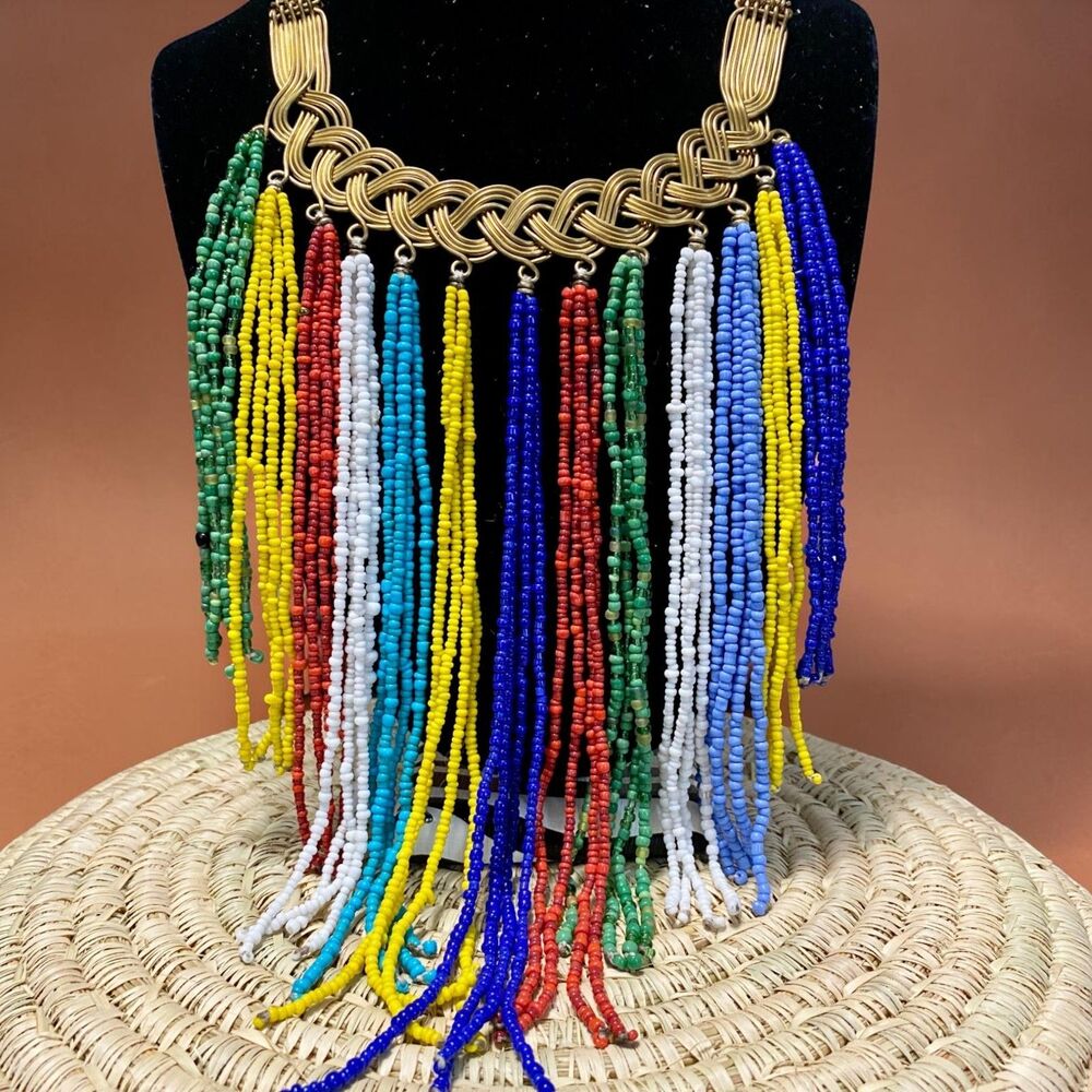Kenyan Artisan Brass Bib Necklace Multi Color Glass Seed Bead Fringe Statement